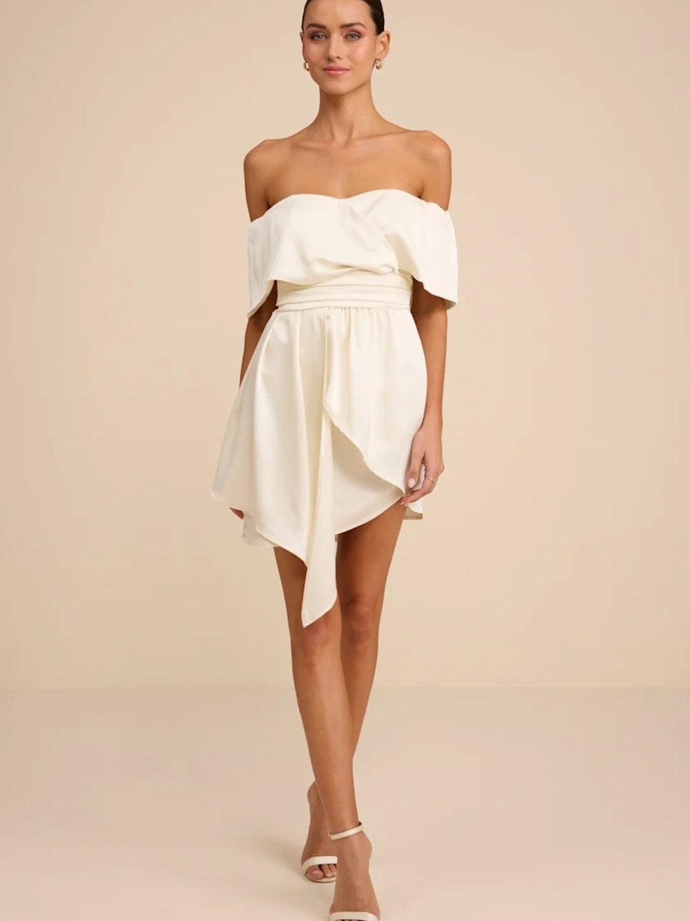 Lulu’s Always Celebrating Ivory Satin Off-the-Shoulder Mini Dress
